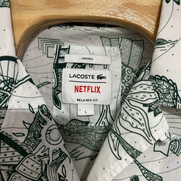 Lacoste x Netflix Button Collared Short Sleeve Shirt Large (L) All Over Print Co - Picture 3 of 8